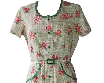 Vintage dress by Simplicity Frock, roses, belt, red green