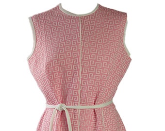 Vintage pink dress, crimpelene, Greek 'key' pattern, Kay Windsor