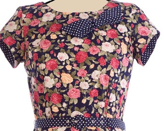 Floral tea dress, retro, vintage style, 1960s, wedding, party, event, navy, cotton