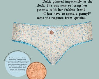 Knickers, panties, floral, blue, retro, cotton, cute, Kawaii, vintage, British, wit, English, "Spend-a-Penny"