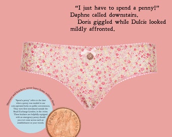 Knickers, panties, floral, pink, retro, cotton, cute, Kawaii, vintage, British, wit, English, "Spend-a-Penny"