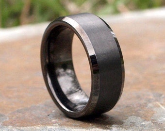 Gunmetal Beveled Edge Brushed & Polished Tungsten Carbide Ring • Men's 8mm Wedding Band • Hand Etched • Ring Box Optional • (SKU: 348GUP)
