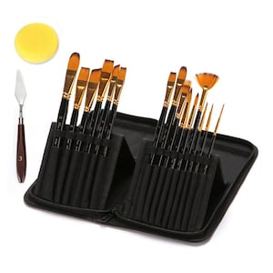 18 Piece Nylon Wool Artist Paint Brush Set with Carry Case for Acrylic, Watercolor, Oil, Gouache