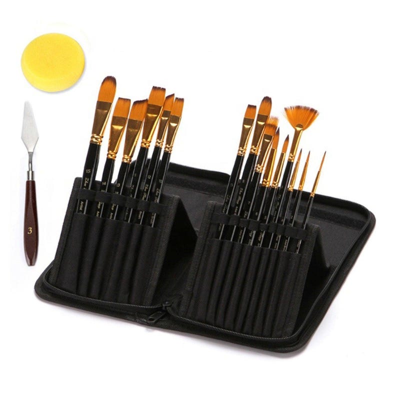 18 Piece Nylon Wool Artist Paint Brush Set With Carry Case for Acrylic ...