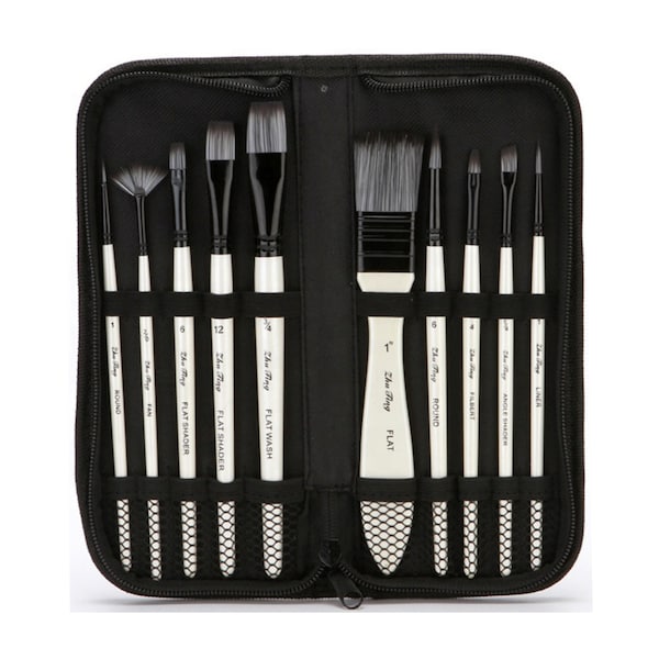 10 piece Nylon Wool Artist Paint Brush Set with Carry Case | For Paint Type: Acrylic - Watercolor - Oil - Gouache