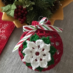 Crochet Christmas Ornament: Red Ball with White Flower