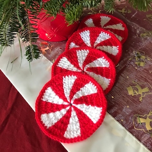 Crochet Christmas Coaster set of 4,Crochet Peppermint Coasters ,Crochet Christmas Decoration,Crochet Coaster set of 4