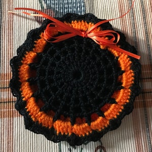 Crochet Halloween Coaster Set, Orange & Black Cotton, Party Decoration
