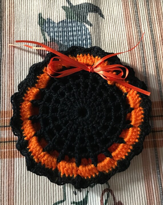 Crochet Halloween Coaster Set, Orange & Black Cotton, Party Decoration