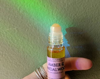 Amber and sandalwood roll on scent with crystal roller ball, unisex scent, herbal oil