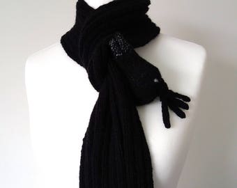 GetWoolly black, exotic, duck billed, crested, bird scarf, stole, warmer, tassels, fringe, hand knitted