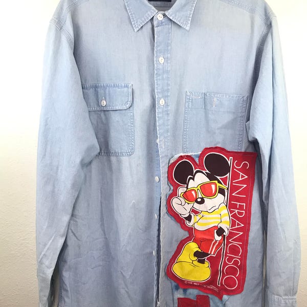Babyhug Disney Single Jersey Knit Half Sleeve Polo T-Shirts & Dungaree Set with Mickey Mouse Graphic and Badge Detailing - White & Light Blue main image 1