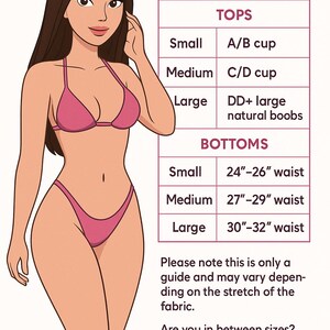 Peut inclure: Un tableau de guide des tailles illustr&eacute; d'une personne portant un bikini rose. Le tableau indique les hauts par taille de bonnet et les bas par tour de taille en pouces, allant de 24 &agrave; 32 pouces. Le texte inclut guide des tailles, hauts et bas.