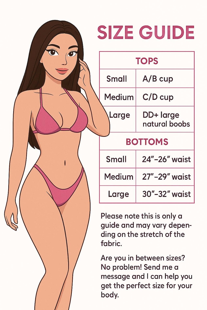 Peut inclure: Un tableau de guide des tailles illustr&eacute; d'une personne portant un bikini rose. Le tableau indique les hauts par taille de bonnet et les bas par tour de taille en pouces, allant de 24 &agrave; 32 pouces. Le texte inclut guide des tailles, hauts et bas.