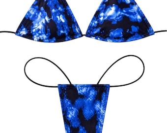 Handmade Micro String Bikini: Blue Tie-Dye Minimal Coverage Swimwear