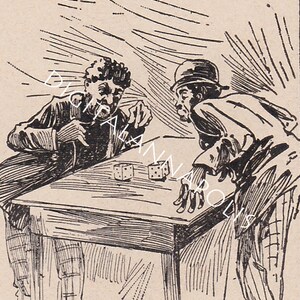 May include: A black and white illustration of two men playing a game of dice. The men are sitting at a table with a checkered tablecloth. The word "CASTING" is written at the top of the image.