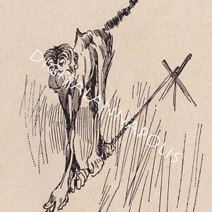 May include: A black and white line drawing of a monkey walking on a tightrope. The monkey has a long tail that curls up behind it. The text "NARROW TREAD" is at the top of the image.