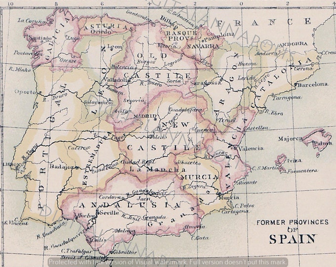 Vintage Map of Spain Former Provinces Spanish Antique Maps Image 300 Dpi Jpg Digital Download ...