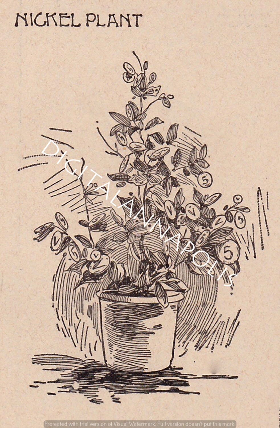 Vintage Nickel Plant Cartoon Coin Money on Trees Cycling Jargon Slang Image 300 dpi jpg Digital Download Printable Clip Art 19th Century