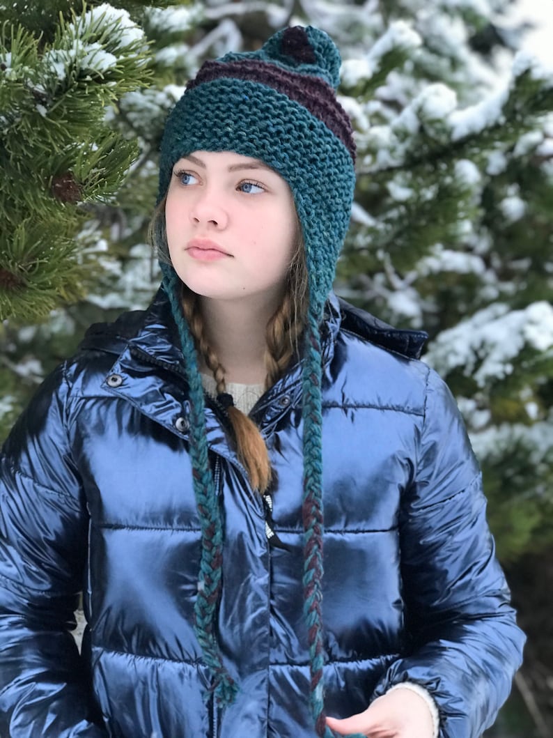 BICOLOR Hat Scarf set Thick Icelandic wool Choose your colour Vegan Pom Pom Braids Ear flaps Double wrap infinity scarf Made to order