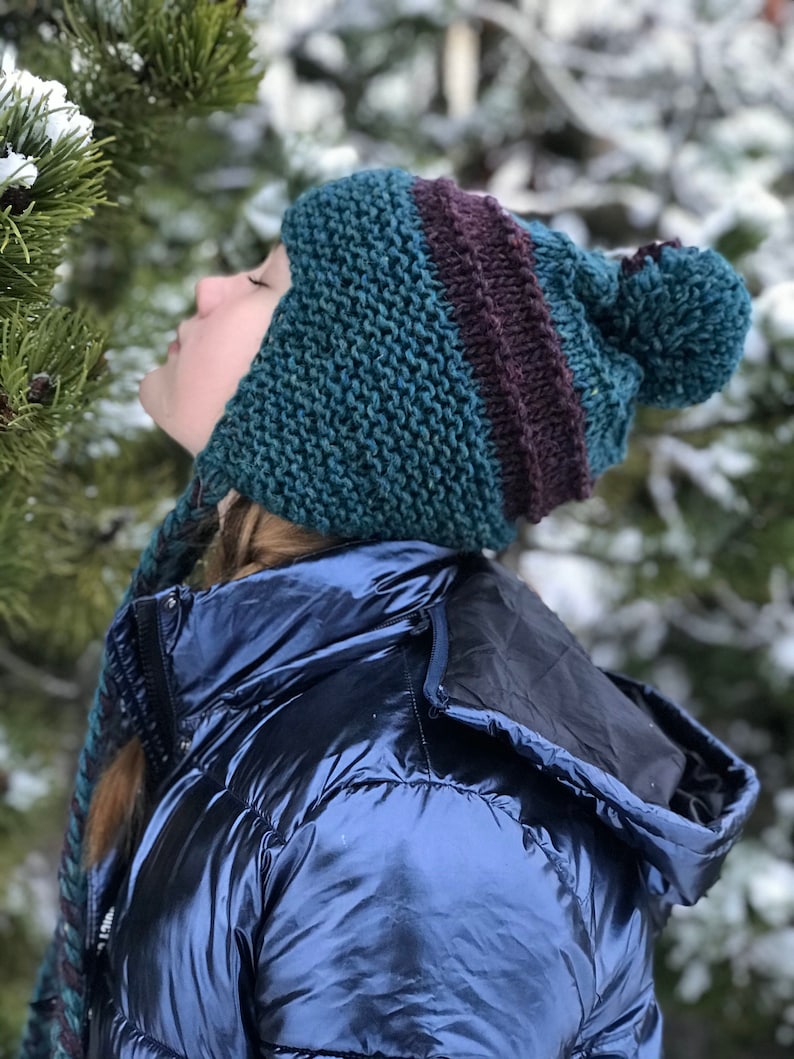 BICOLOR Hat Scarf set Thick Icelandic wool Choose your colour Vegan Pom Pom Braids Ear flaps Double wrap infinity scarf Made to order