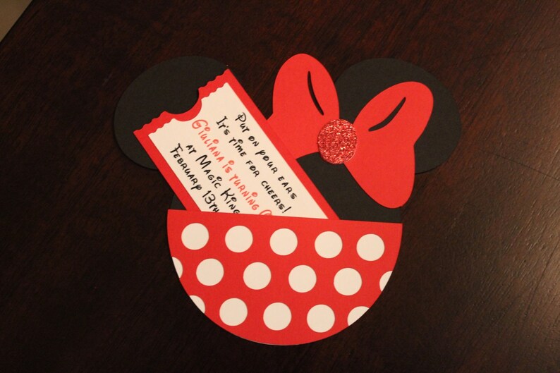 10 Minnie Mouse Birthday Party Invitations Customized Minnie Pocket Party Invite Disney World Birthday Invitation Mickey Mouse Decorations