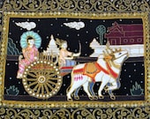 Vintage Framed Beaded Kalaga Burmese Tapestry 26 quot x 19 quot with Two Women in a cart being pulled by Oxen under glass shadowbox black frame.