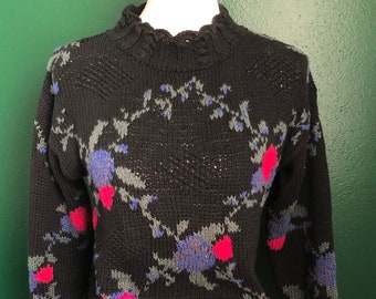 Black Floral Maggie Lawrence Modern Knit Sweater, Pink & Purple Flowers, Black Chunky Knit Sweater, Size Small, Black Womens Sweater Top