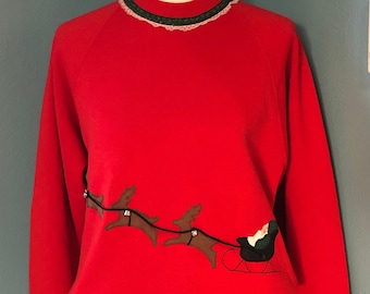 Vintage Hand Made Holiday Ugly Christmas Sweater, Ugly Holiday Xmas Crew Neck Santa Reindeer Sweater- Red Pullover Sweater, Large