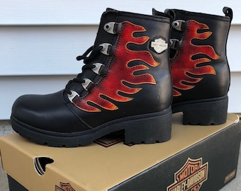 RARE LNIB Harley Davidson Flame Boots, Red Leather Fire Detail, Like New In Box, Motorcycle Boots- Leather Heeled Boots, Women's Size 6.5