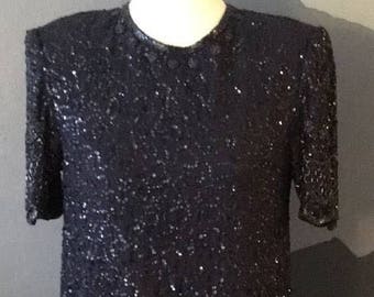 Gorgeous Navy Blue Beaded & Sequined Formal Dress- Brilliante by J.A. Formal Dress- Size Small- S- Vintage Dress With Embellishments- S