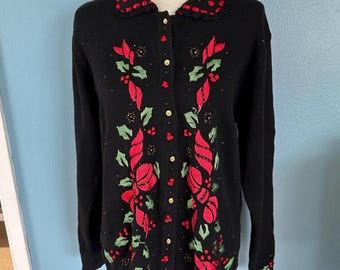 Festive Black Poinsetta Sweater Size Large Ugly Gaudy Christmas Cardigan Sweater Holiday Jumper Sweater Stitched Design Cute Holiday