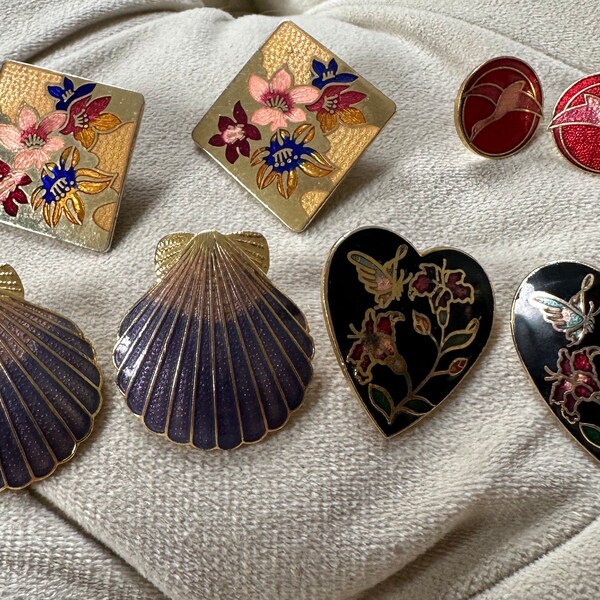 Cloisonne Earrings Lot Four Pairs Of Earrings Vintage Enamel Earrings Matching Earrings Seashell Earrings Flower Earrings Colorful Earrings