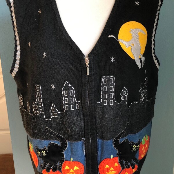 White Stag Halloween Zip Up Vest,  Black Cat Pumpkin Gaudy Design, Fun Vest For Halloween Party, Ugly Halloween Vest, Women's Large (12/14)