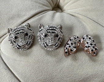 Two Pairs of Rhinestone Tiger & Leopard Earrings Tiger Stick Earrings Large Stud Shiny Earrings Stud Animal Earrings Tiger Cat Lover