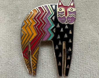 Large Multicolor Cat Laurel Burch Brooch Pin Signed &quot;Buelow&quot; Vintage Laurel Burch Pin Cat Lover Gift Vintage Large Pin Brooch Pin Buelow Cat