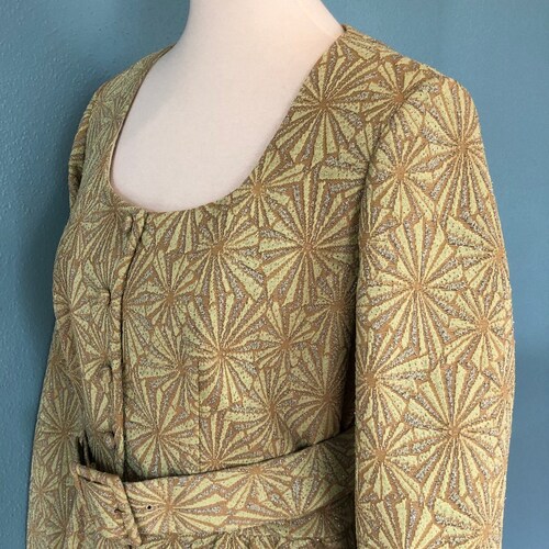 Stunning Green Metallic Belted Starburst Pattern Dress, Vintage 1970s shops Style Dress, Mod Metallic Design Long Dress, Funky Retro Pattern
