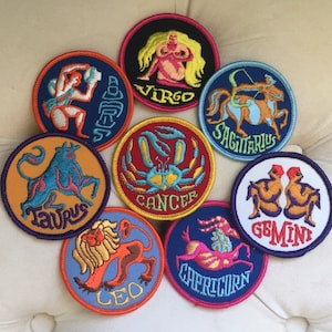 Horóscopo Deldíaco Hierro en Parche Vintage, Parche para Chaqueta, Parche Redondo, Tauro, Leo, Virgo, Géminis, Acuario, Capricornio, Parche Coleccionable