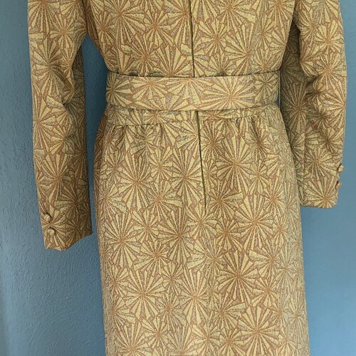 Stunning Green Metallic Belted Starburst Pattern Dress, Vintage 1970s shops Style Dress, Mod Metallic Design Long Dress, Funky Retro Pattern