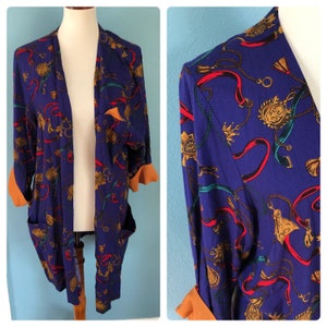Fun Sally Vintage Kimono Style Blouse Shirt, Open Shirt With Medallion Theme, Versace Style Blouse, Purple & Gold Kimono Shirt- Size 16