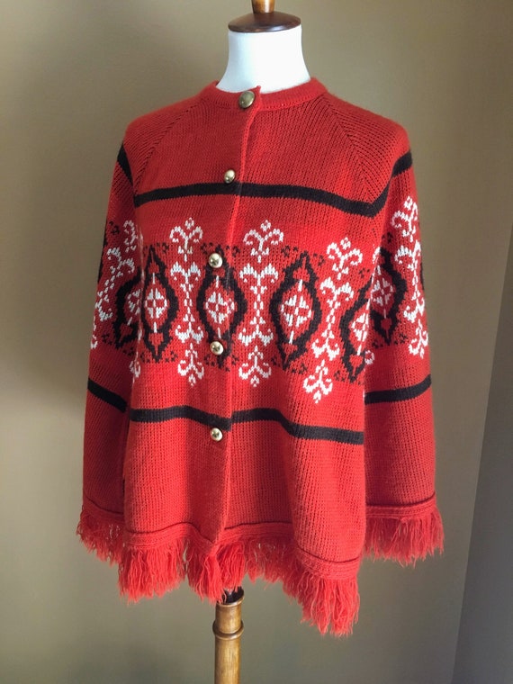 Vintage Kingsley Orange Knit Sweater Poncho Cape, 