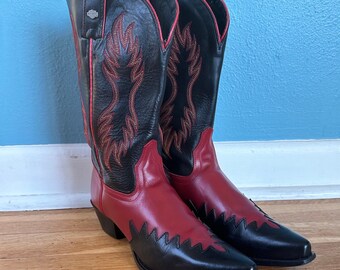 Harley Davidson Red Flame Cowboy Boots, Western Leather Fire Detail Leather Vintage Boots Leather Harley Davidson Flame Boots Size 6.5