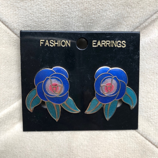 Deco Rose Laurel Burch Stud Earrings, Signature/Signed Laurel Burch Earrings- "Deco Rose" Enamel Cloisonné Pierced Earrings, Blue Roses