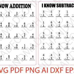 May include: A printable worksheet with addition and subtraction problems for kids. The worksheet is black and white with red text. The text says "I know addition" and "I know subtraction".