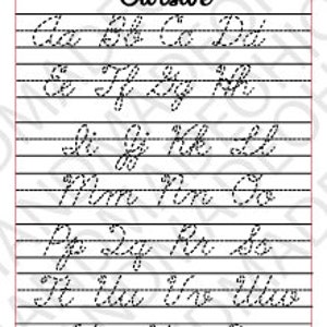 以下が含まれることがあります： 筆記体で書かれたアルファベットが書かれた筆記体練習シート。文字は白い罫線のある紙に黒いインクで書かれています。シートのタイトルは「I Can write in Cursive」です。