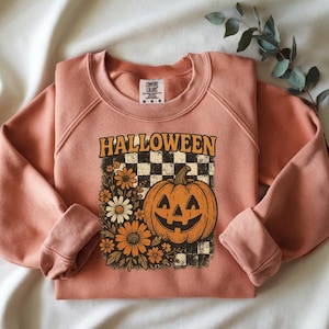 Retro Halloween Jack-O’-Lantern & Daisies | 70s Vintage Style Sublimation PNG | Distressed Checkerboard Fall Digital Download