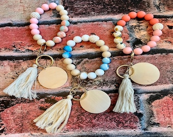 Beaded Wristlet Keychain: Engraved Wood Disc, Tassel Charm