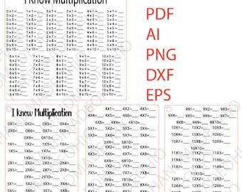 May include: Educational printable worksheets for multiplication facts, with the text "I Know Multiplication" at the top. Includes multiplication tables from 0x1 to 12x10, and file type options: SVG, PDF, AI, PNG, DXF, and EPS.