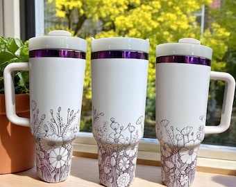 Floral 40oz Tumbler: White Insulated Cup with Purple Flowers