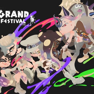 May include: A group of cartoon characters from the video game Splatoon 2, including the characters Pearl, Marina, and Callie, are shown in a colorful illustration with the text "GRAND FESTIVAL" in the background.